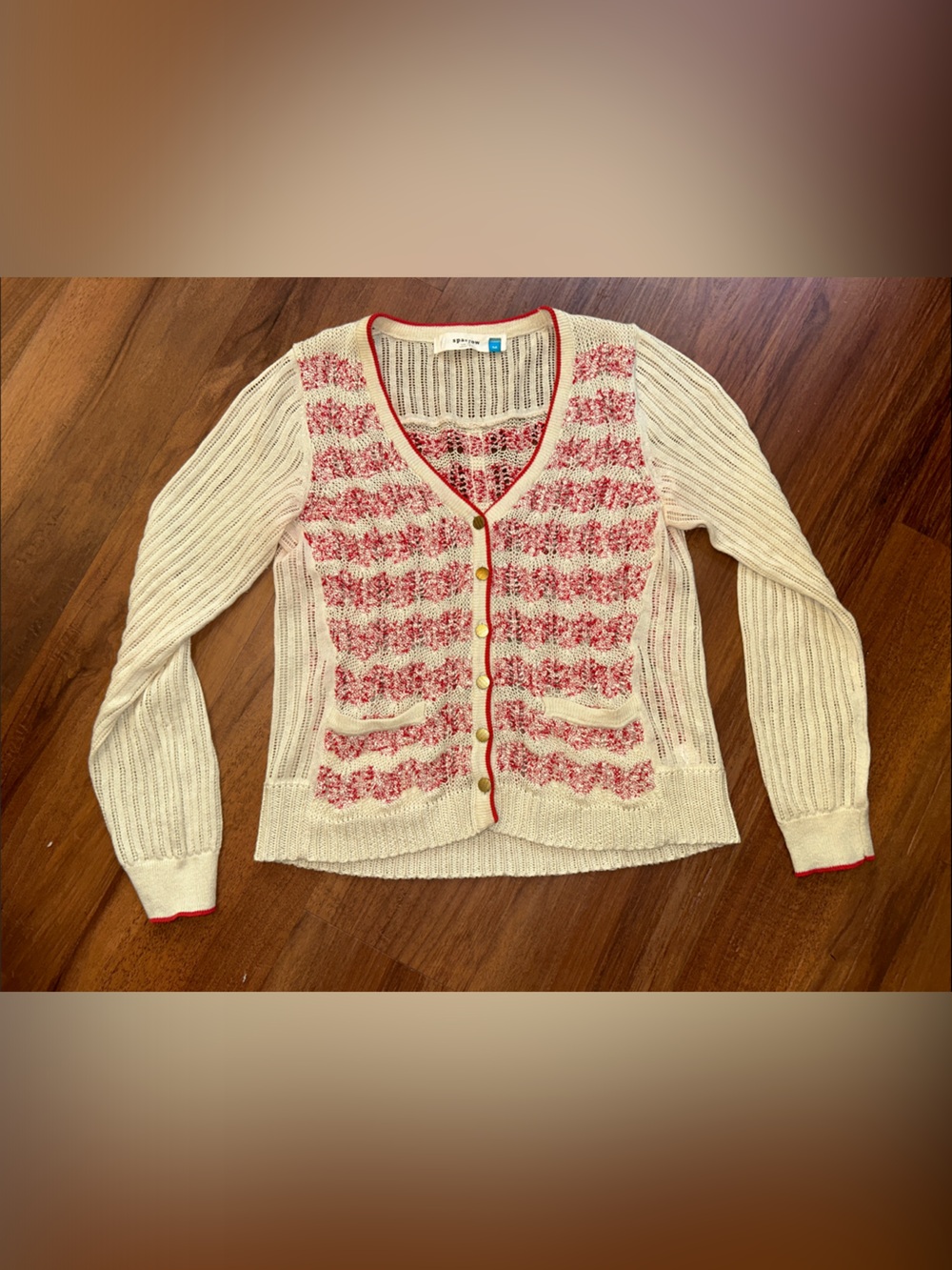 Sparrow Anthropologie Cream Red Knit Boho Cottage Academia Cardigan Sweater M